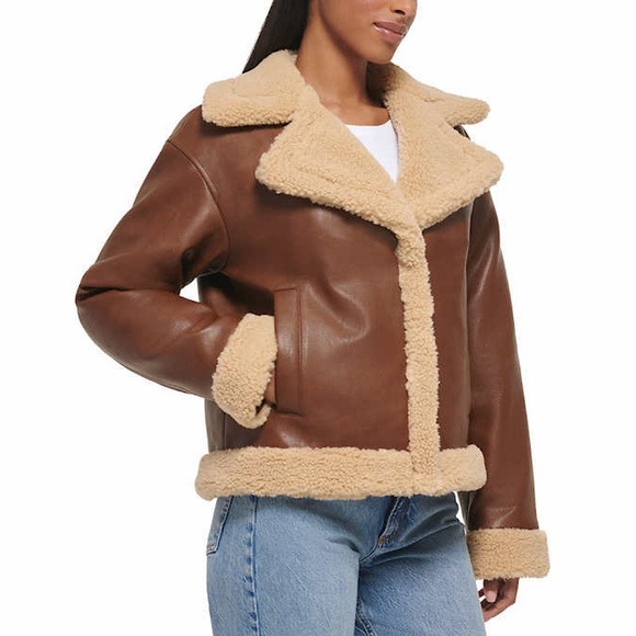 NWT Levi's Teddy Faux Leather Aviator Collared Coat - Picture 2 of 3